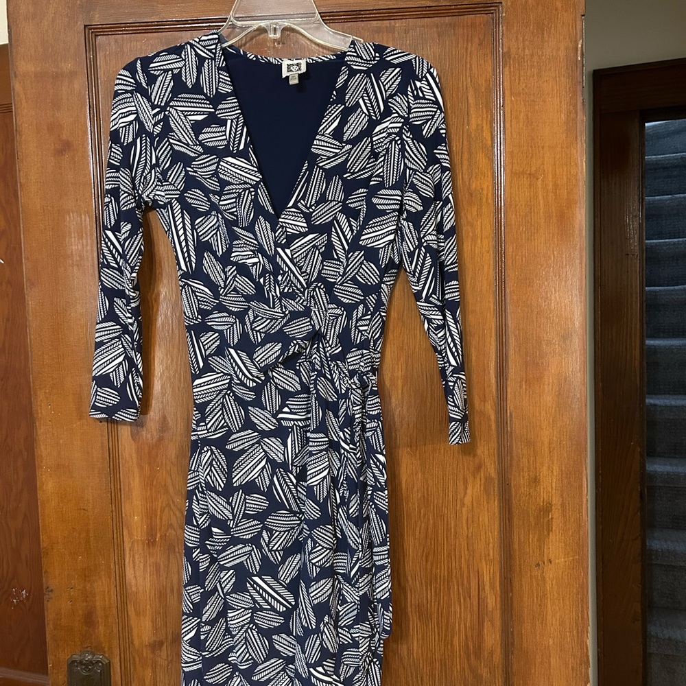 Anne Klein Navy and White Leaf-Print Wrap Dress